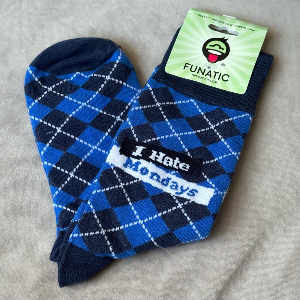 Blue Argyle Men's Socks Funatic I Hate Mondays New With Tag